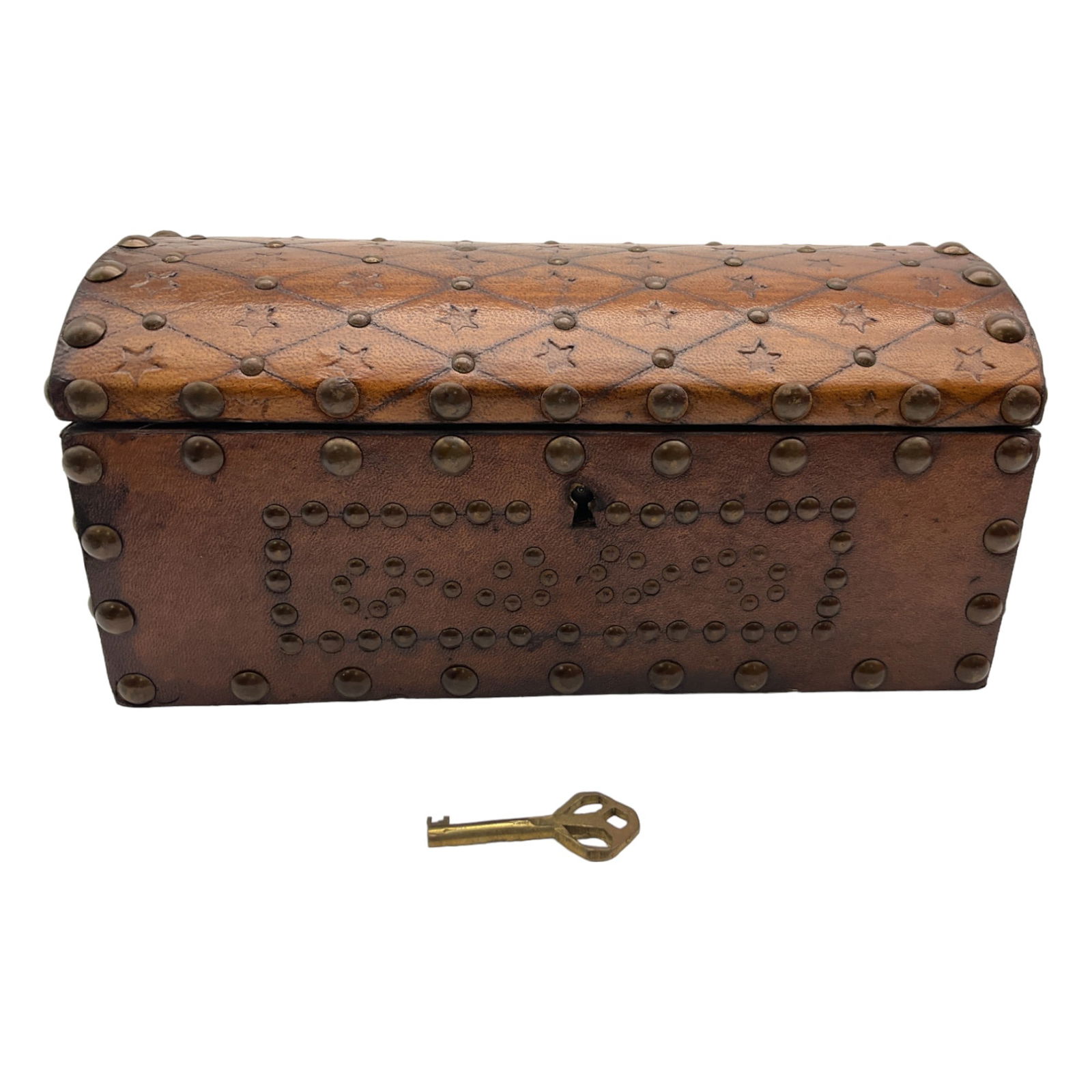 Leather Wrapped Studded Wood Lock Box with Key (1 of 7)