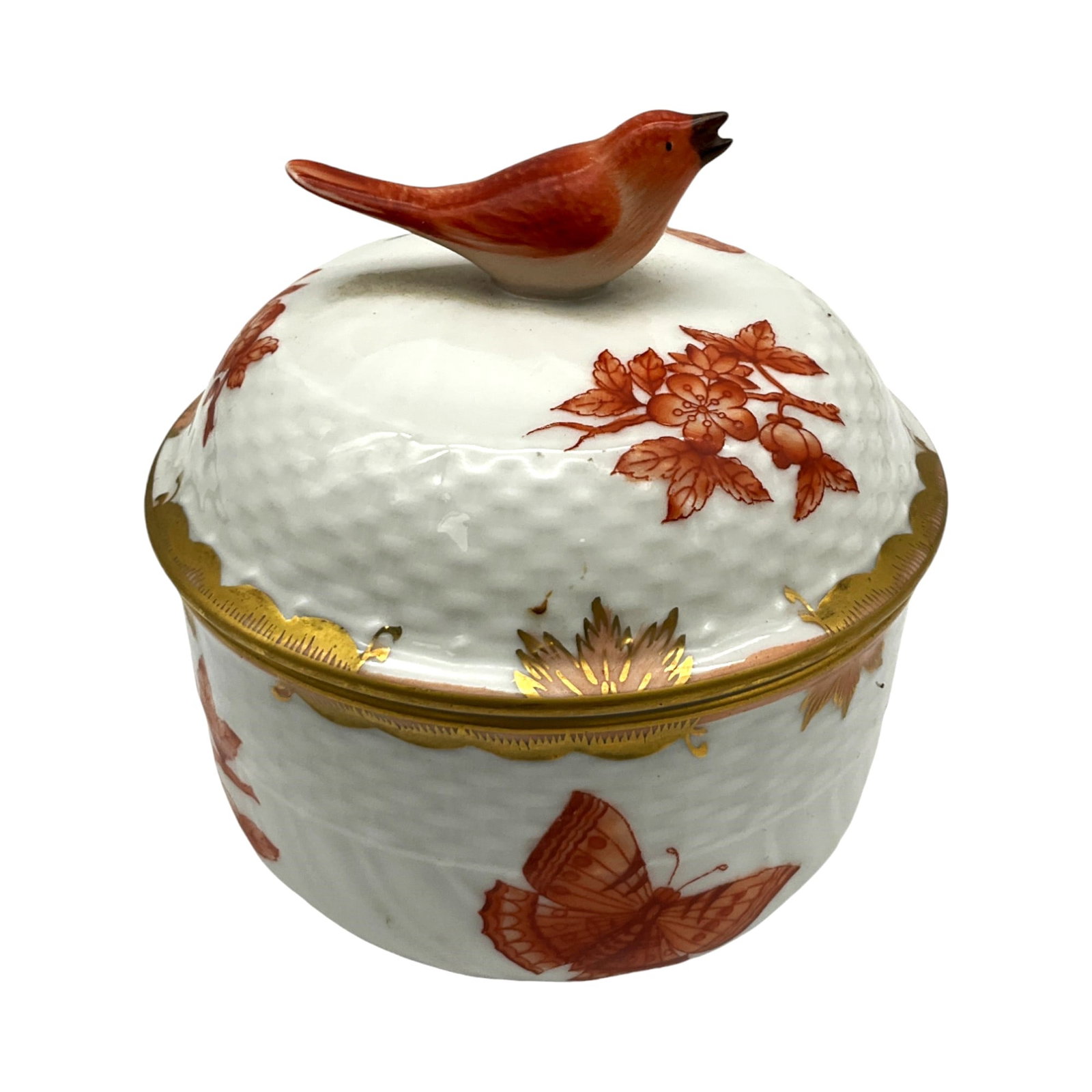 HEREND Hungary 1663 Porcelain Lidded Sugar Bowl ca. 1930's: HEREND Hungary 1663 Porcelain Lidded Sugar Bowl ca. 1930's with bird finial on lid. Approx. 4 inches tall x 3.75 across, 8 oz.