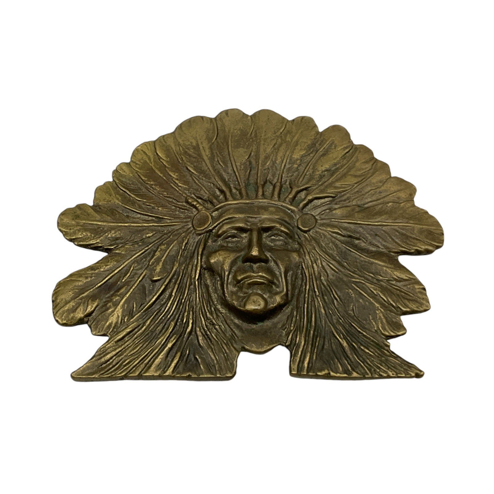Brass Belt Buckle Native American Chief: Brass Native American Chief with headdress Belt Buckle. Approx. 3.25 inches tall x 4 across, 5.5 oz.