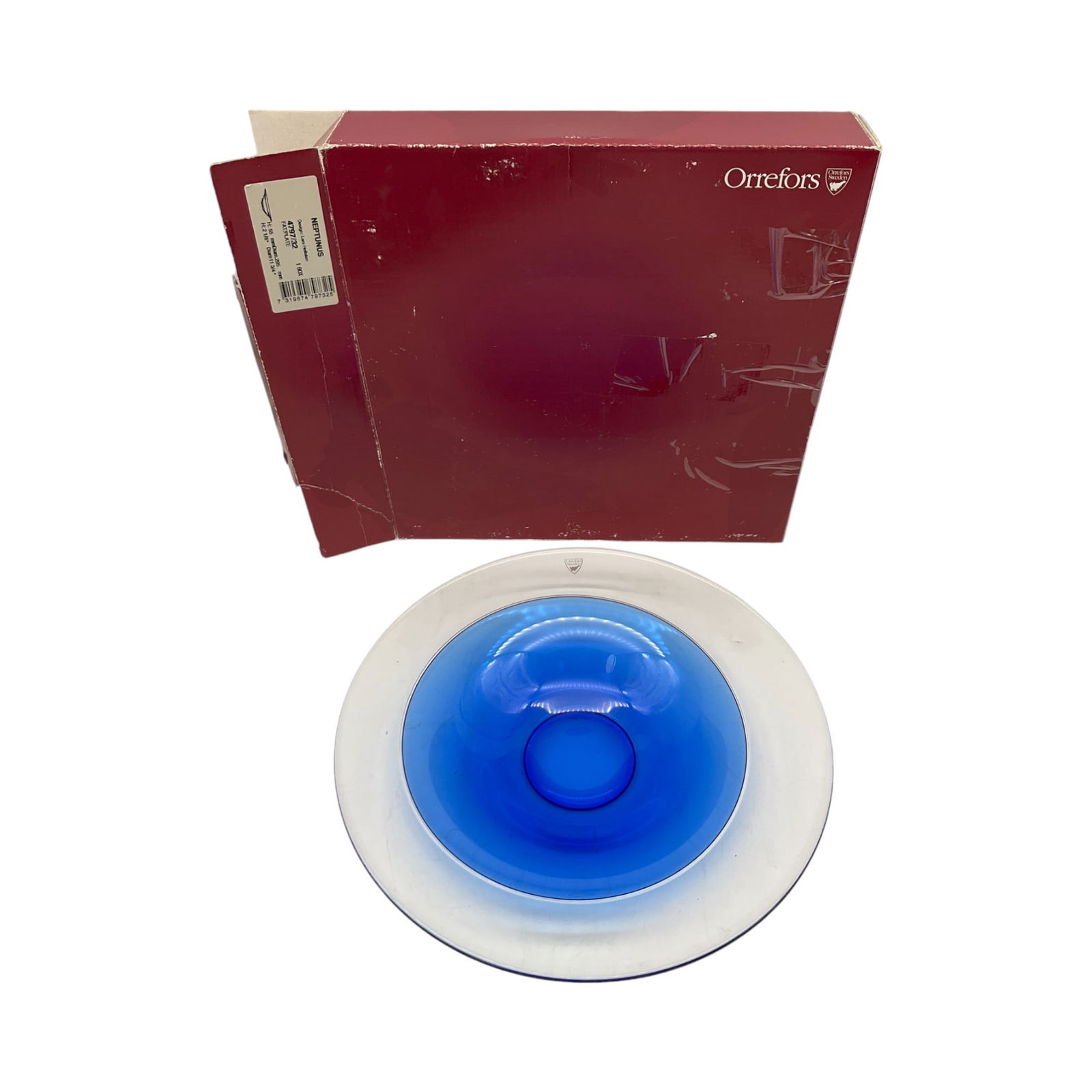 Lars Hellsten Orrefors Crystal Plate: Orrefors Crystal Plate designed by Lars Hallsten. Plate has blue center and clear rim. Approx. 2 inches tall x 11.75 wide, 2.11 lbs.