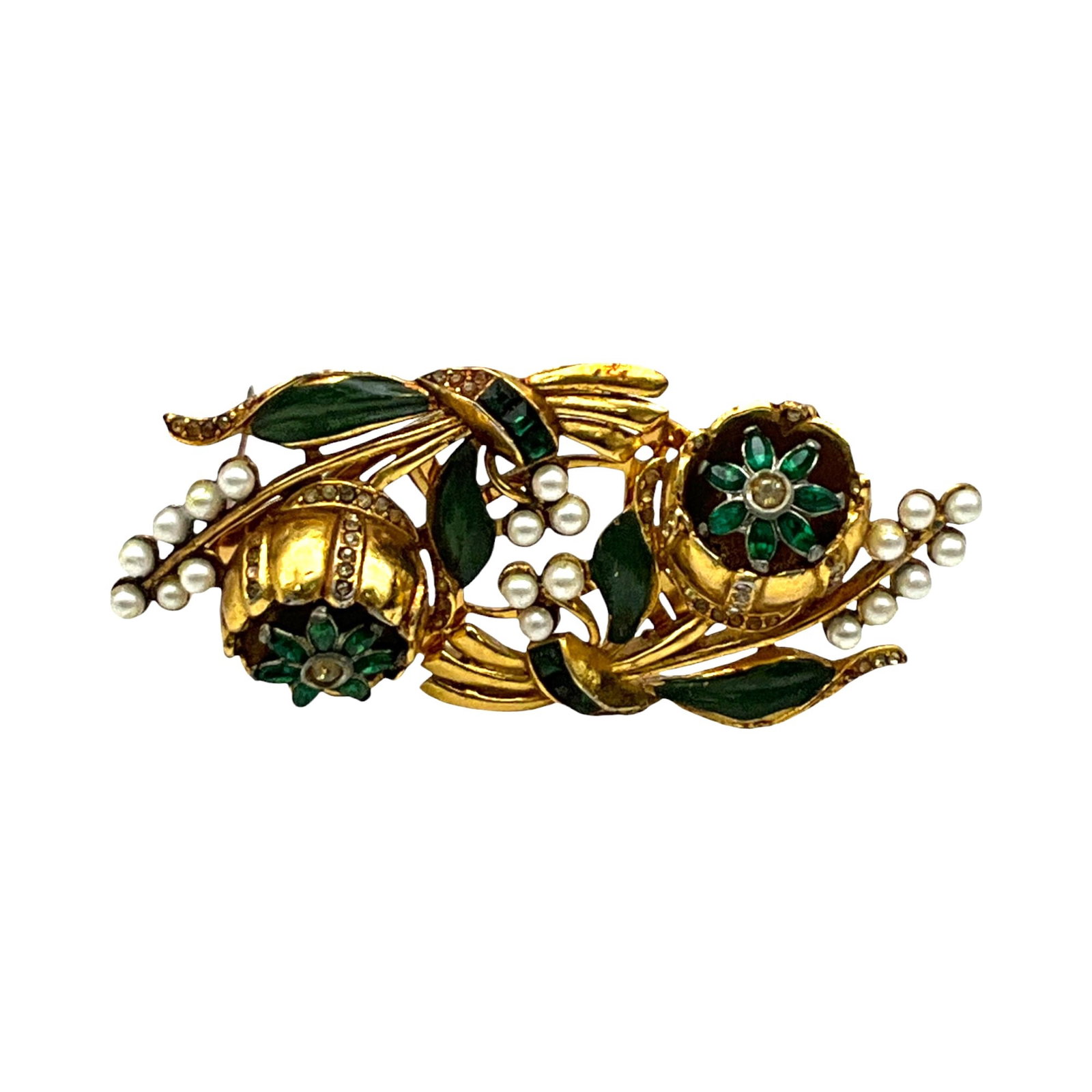 Vintage Coro Duette Trembler Quivering Camellia Brooch: Vintage Coro Duette Trembler Quivering Camellia gold, green and white Brooch. Approx. 1.5 inches tall x 3.5 wide, 1.8 oz.