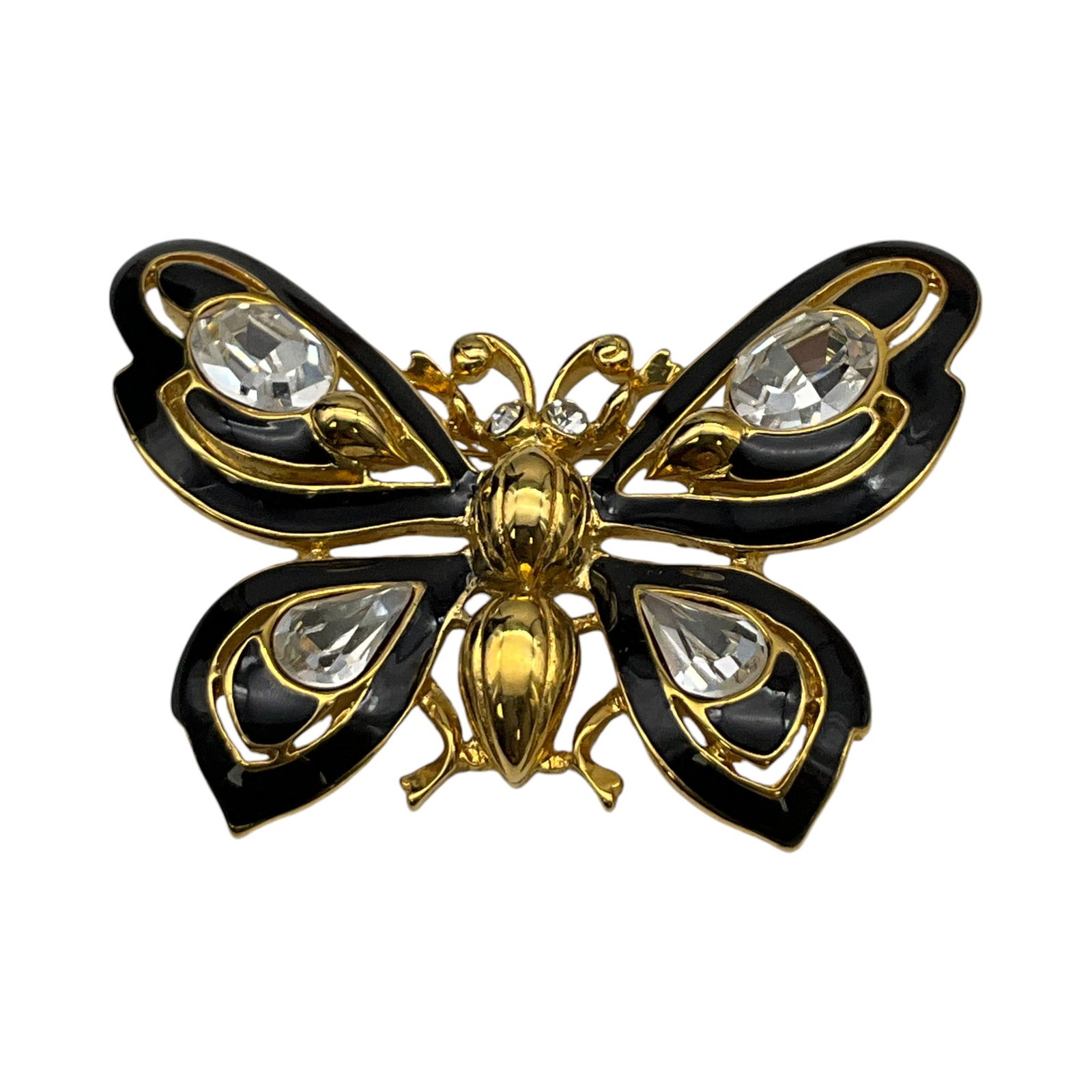 Trifari Butterfly Brooch: Trifari Butterfly black and gold Brooch. Approx. 1.75 inches tall x 2.25 wide,0.8 oz.