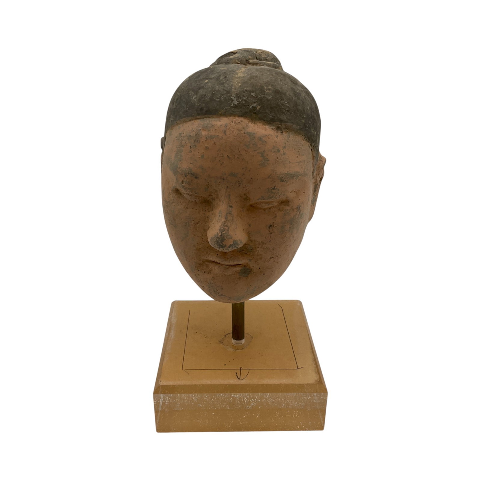 Han Dynasty Pottery Fragment Head with COA: Pottery Painted Man-Head with COA stating pottery was made in China, in Han Dynasty dating 25 A.D. - 220 A.D. Approx. 6.25 inches tall x 3 across, 1.6 lbs.