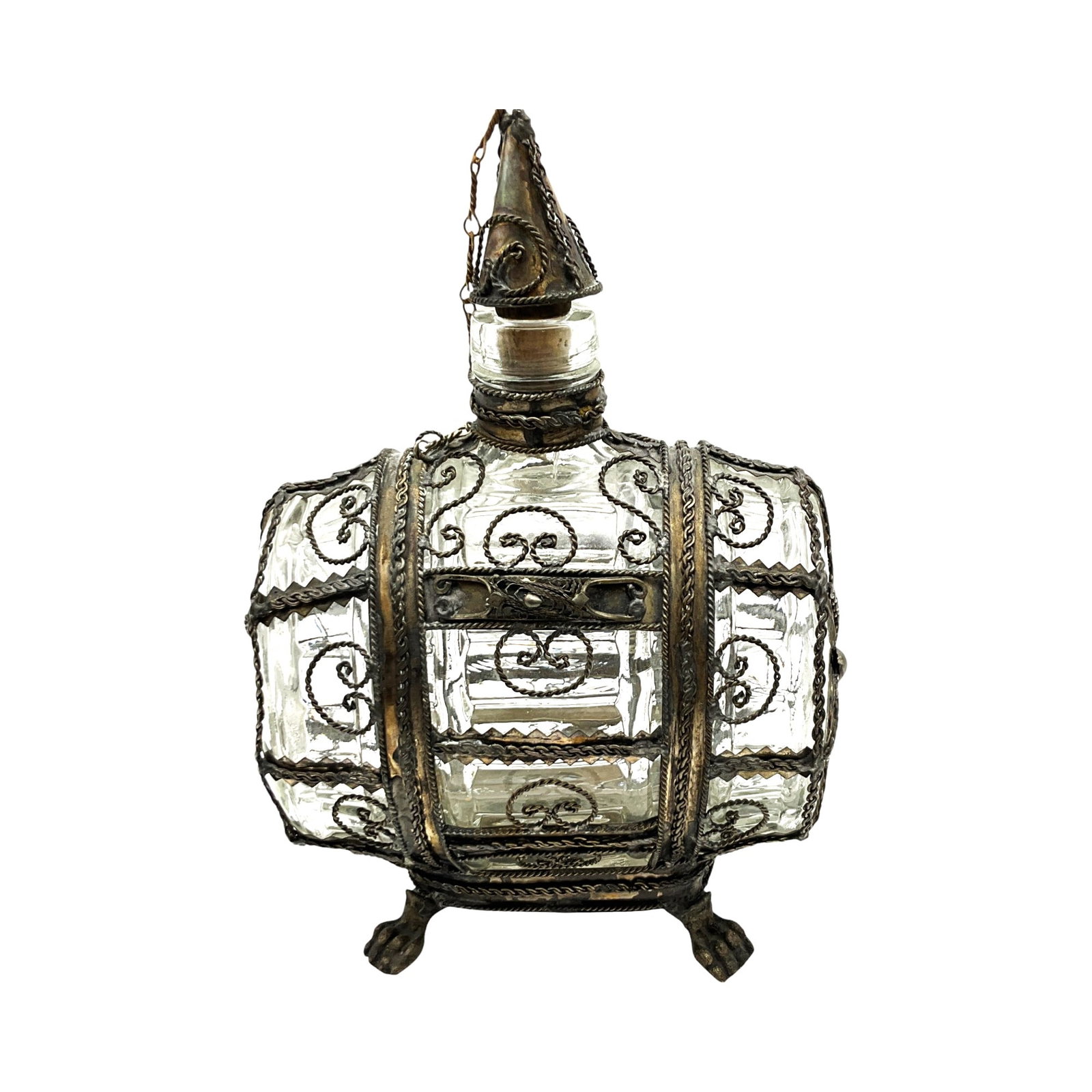 Antique Silver Filigree and Glass Liquor Barrel: Antique Silver Filigree and Glass Liquor Barrel with cork stopper. Approx. 8.5 inches tall x 6 wide x 3.5 deep, 2.1 lbs.