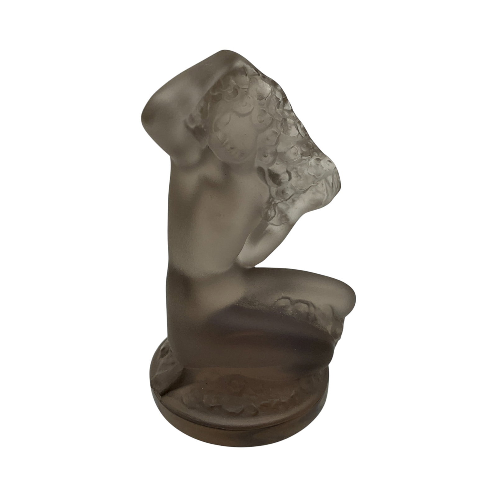 Lalique France Molded Crystal Sculpture: Lalique France nude lady on a bed of flowers Molded frosted transparent Crystal Sculpture. Approx. 3 inches tall x 2 wide x 1.5 deep, 4.2 oz.