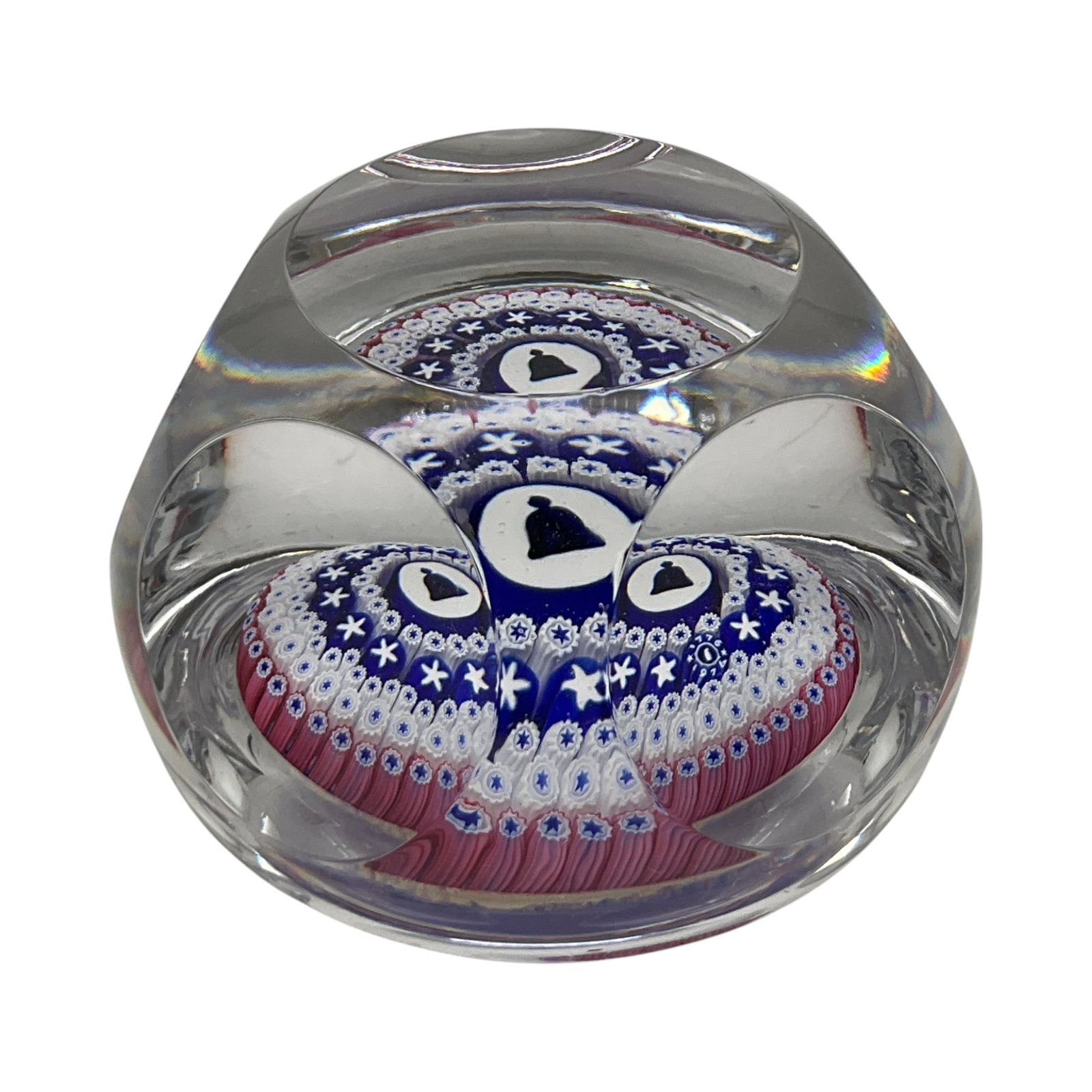 Studio Art Glass Paperweight: Studio art glass celebrating 1776 the United States official beginning of the nation, with the Declaration of Independence on July 4 and 1976 America's bicentennial with millefiori (approx 2 inches ta