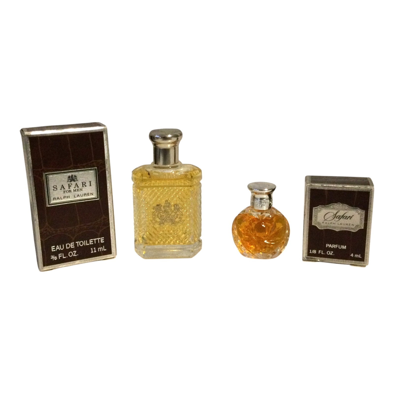 Lot of 2 Boxed Mini Fragrances: Lot of 2 Safari Boxed fragrances includes; Safari 1/8 oz by Ralph Lauren Parfum and Safari 3/8 oz for Men by Ralph Lauren, both fragrances full.