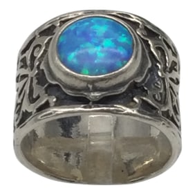 925 Designer Signed Blue Opal Ring/Band Sz. 8