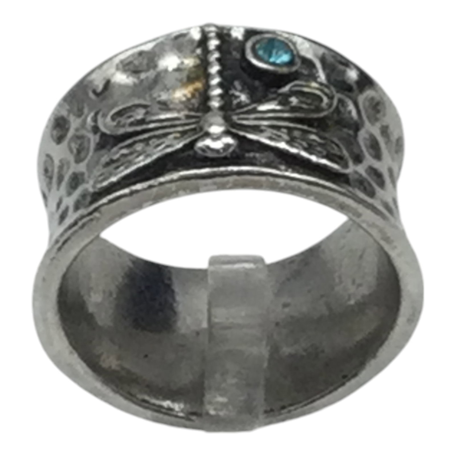 925 3D Dragonfly Hammered Band Ring w/Blue topaz Accent Sz. 6.25: Dragonfly Ring/Bank with Blue Topaz Accent Stone, Stamped S925, Size 6.25. Condition; Excellent with Minimal Wear.