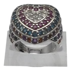 925 Designer JCL Heart Shaped Multi Gemstone Ring Sz. 6.25