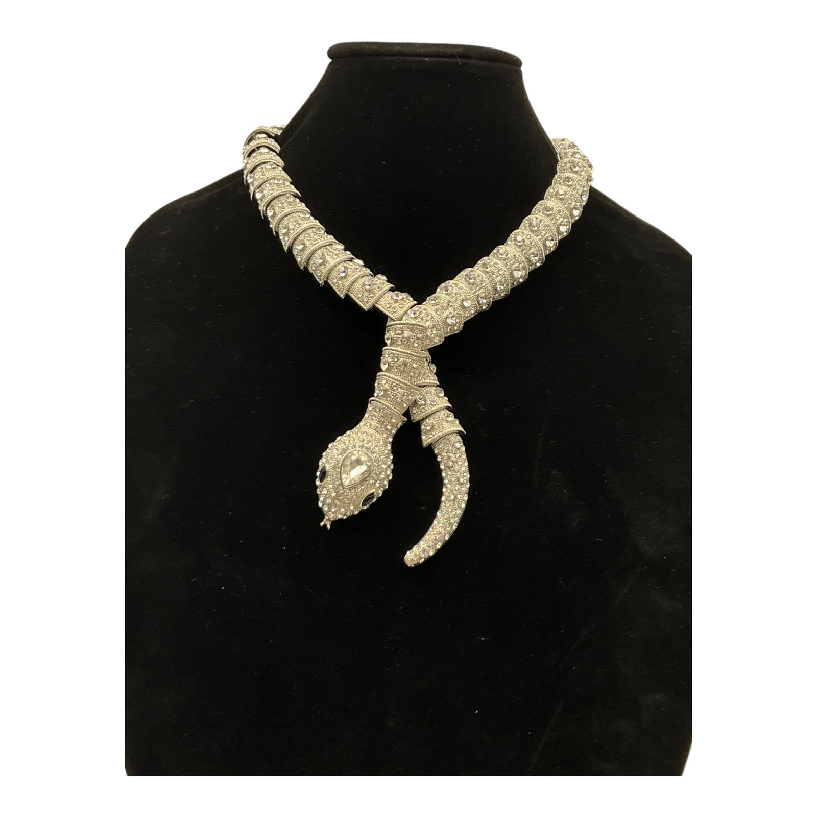Rara Avis by Iris Apfel Snake Necklace: Rara Avis by Iris Apfel silver tone with clear rhinestone Snake Necklace. Approx. 18 inches end to end, 13 drop.