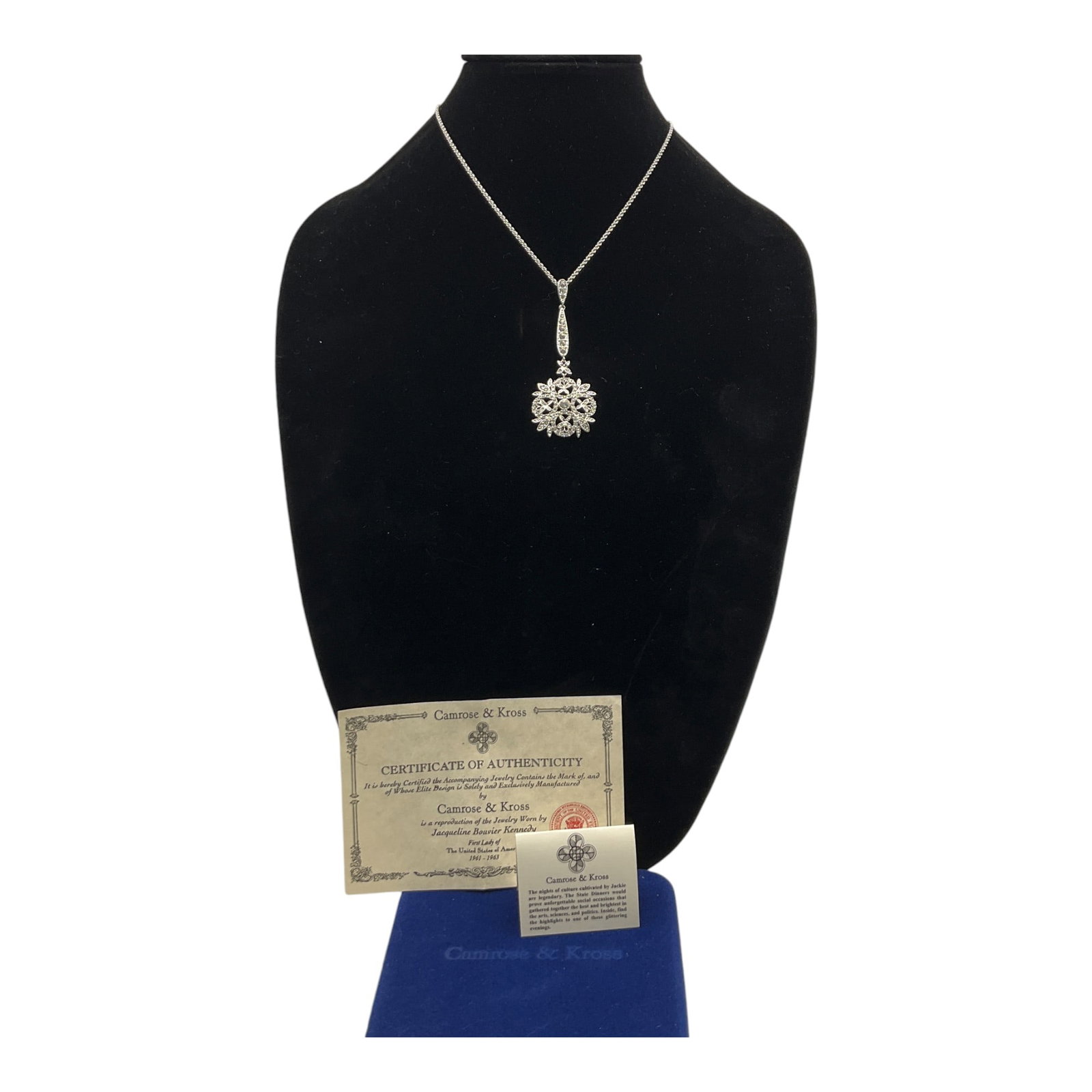 Camrose and Kross JBK Necklace and Pendant : Camrose and Kross First Lady Jacqueline Bouvier Kennedy Silver necklace with drop pendant, Box and Certificate of Authenticity included. Approx. 22 inches end to end, pendant 3 tall x 1.25 wide.