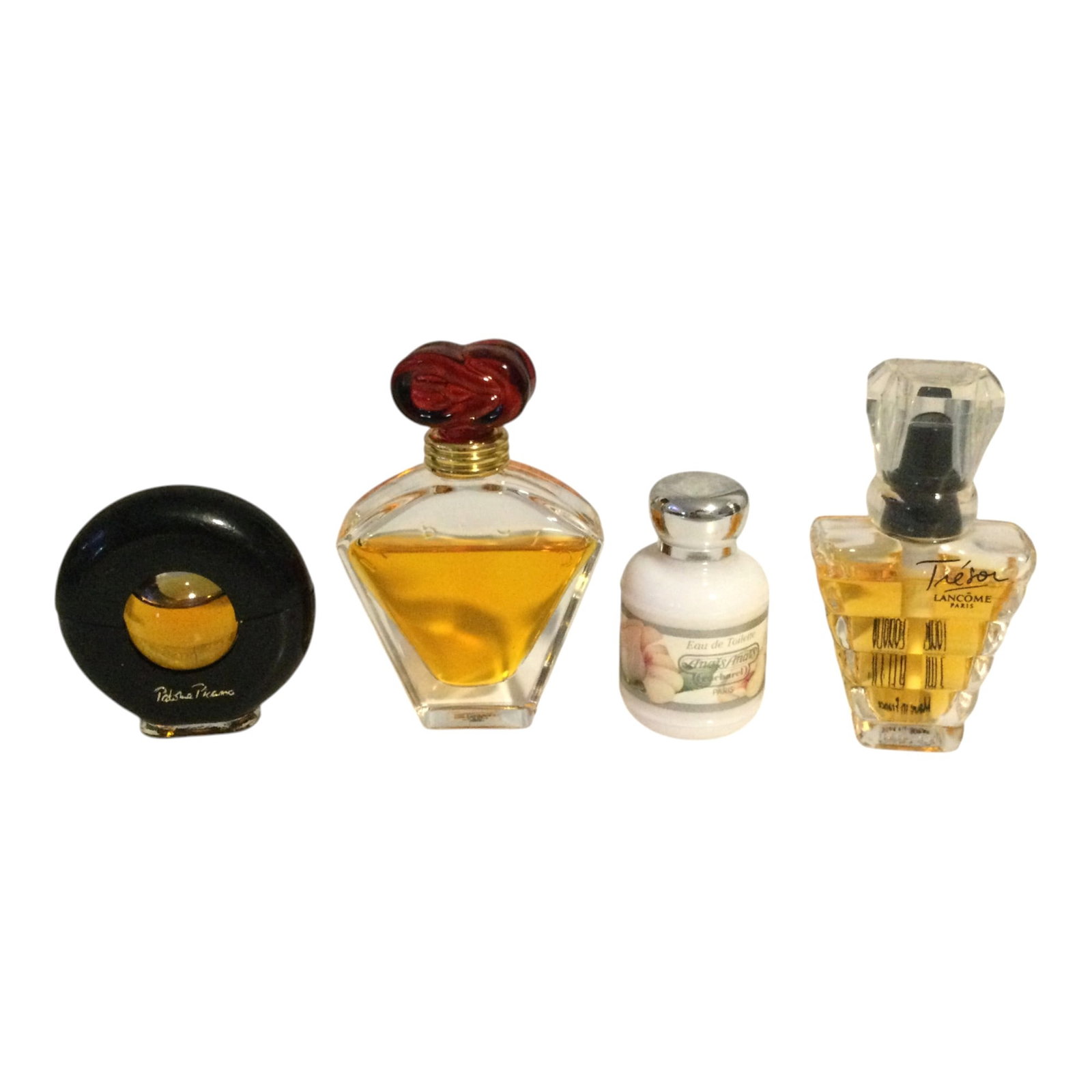 Lot of 4 Mini Fragrances: 4 Mini Fragrances including: Il Bacio .25 oz (85% full), Anais Anais Cacharel 7 ml (Full), Paloma Picasso 5 ml (90% full), Tresor Lancome 5ml (90% full).