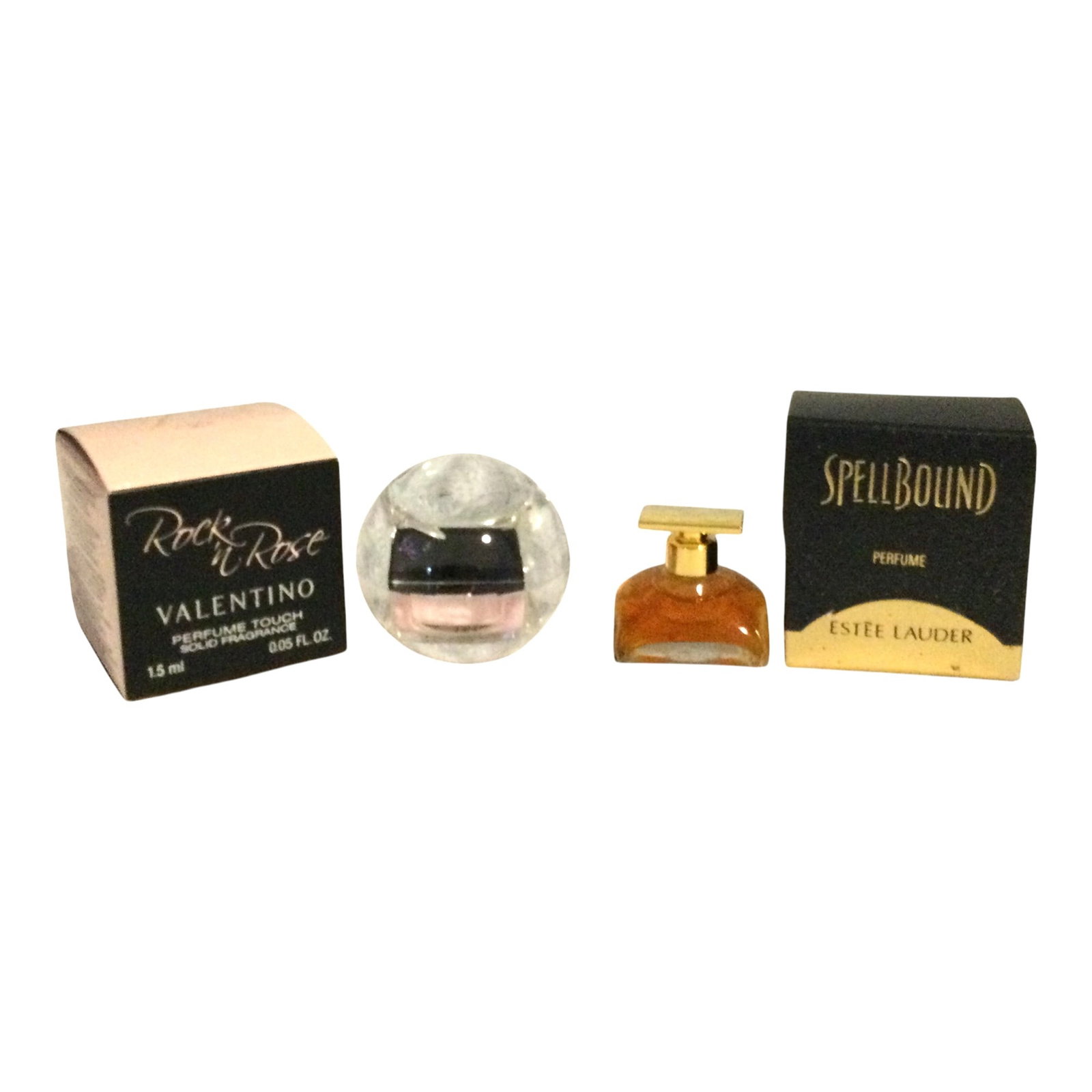 Lot of 2 Boxed Fragrances: Lot of 2 boxed Fragrances, Rock Rose Valentino 1.5 ml, Spellbound Estee Lauder 3.7 ml, both full.