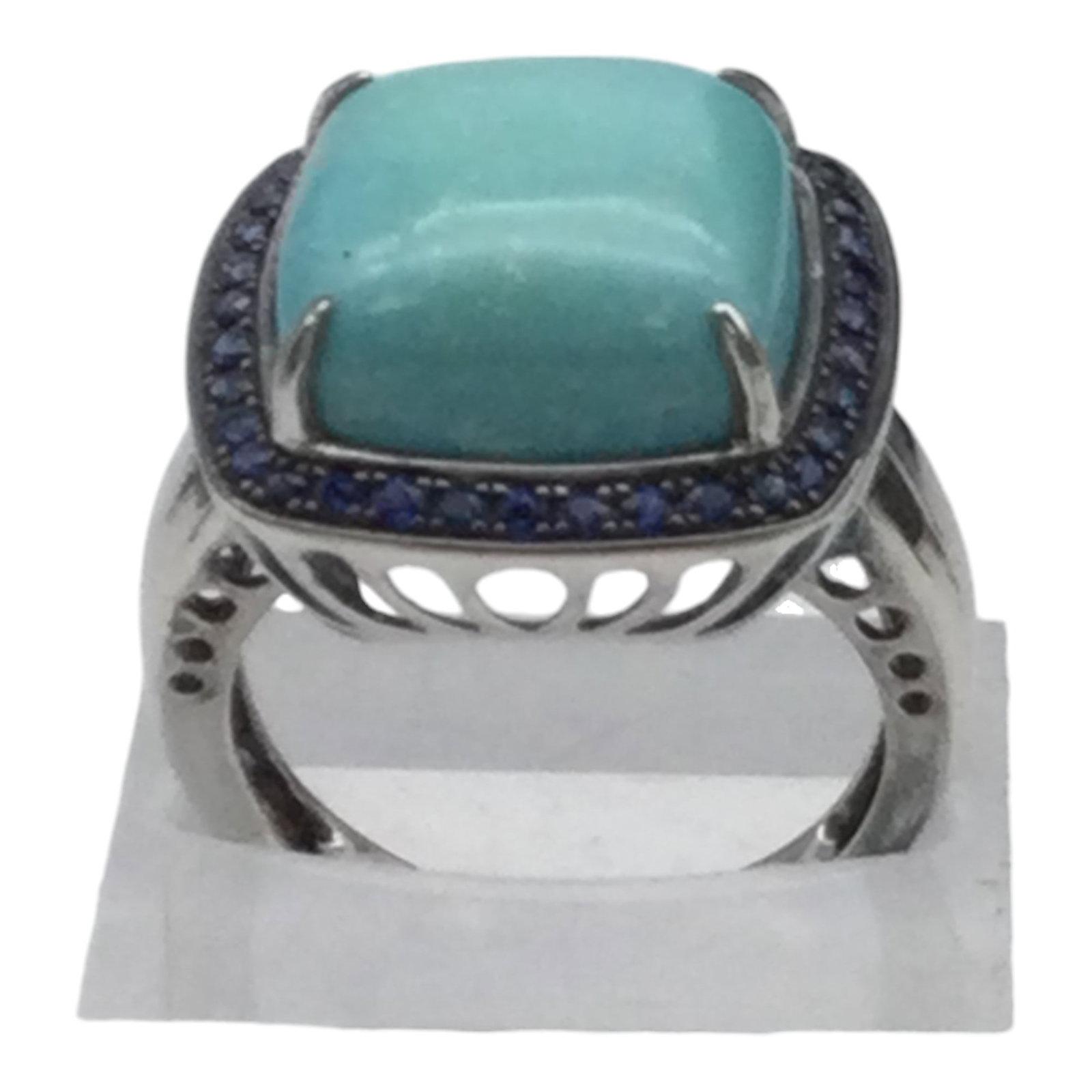 925 QVC FP Signed Turquoise Ring Sz. 8: 925 Designer Signed, FP, QVC Ring, Blue Turquoise Cabochon Center accented with Blue Sapphire Color Gemstones. Size 8