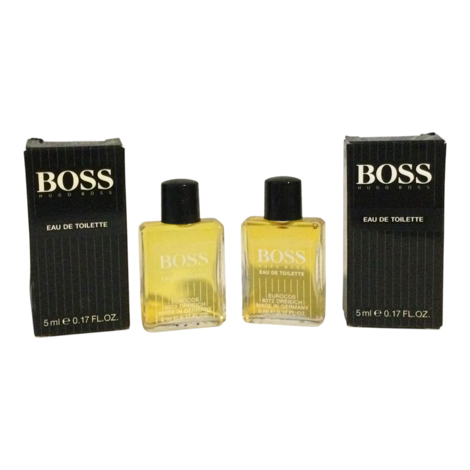 Lot of 2 Boxed Boss Fragrances: Lot of 2 Boxed Boss Hugo Boss Fragrances Eau De Toilette .17 Fl oz each, both full.