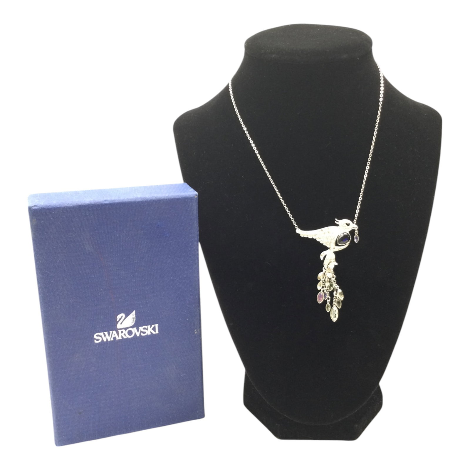 Swarovski Crystal Necklace, Philippa Kunisch Phoenix Bird: Swarovski Swan Signed Crystal Necklace, by Philippa Kunisch with Phoenix Bird. Approx. 17 inches end to end, bird 1.5 inches wide, drops 2 inches. Excellent pre-owned condition.
