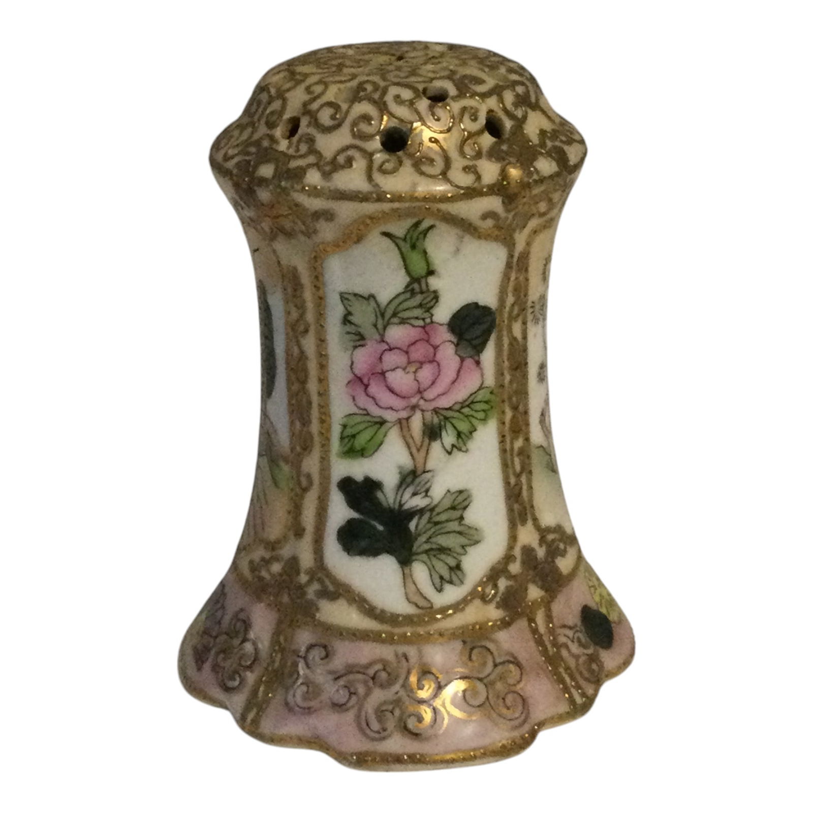 Vintage Nippon Hat Pin Holder Floral: Vintage Nippon Hat Pin Holder with Floral Decor and Scenery. Holds up to 21 Pins, Stamped on bottom. Approx. 4 inches tall x 3 at widest. Very good condition with no damage noted, minimal wear.