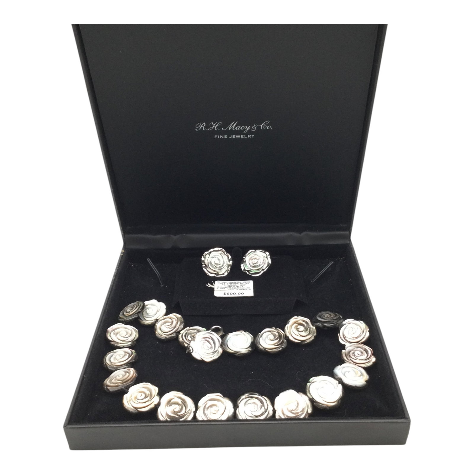 Macy's Tahitian Pearls Necklace & Earrings: Macy's Tahitian Pearls Necklace & Earrings Set, Tahitian Cultured Pearls with Floral Design with Sterling Silver. Box and tags are still present. Approx. Necklace: 18 inches long, each flower .75 of a