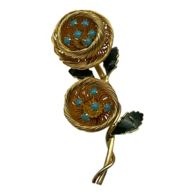 Vintage Gold Tone and Faux Turquoise  Flower Brooch