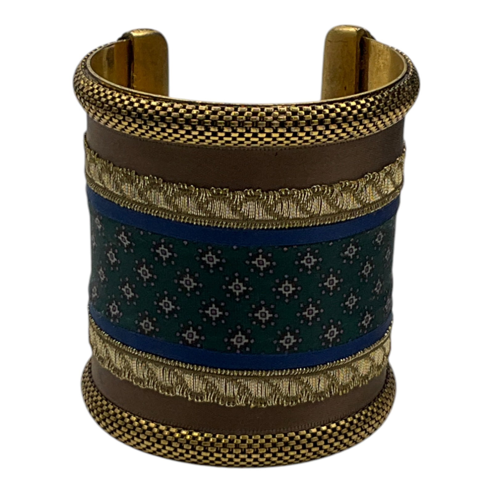 Vintage Roxanne Assoulin Cuff : Roxanne Assoulin gold tone Metal Cuff with fabric. Approx. 2.5 inches tall x 2-3/8 wide (interior).