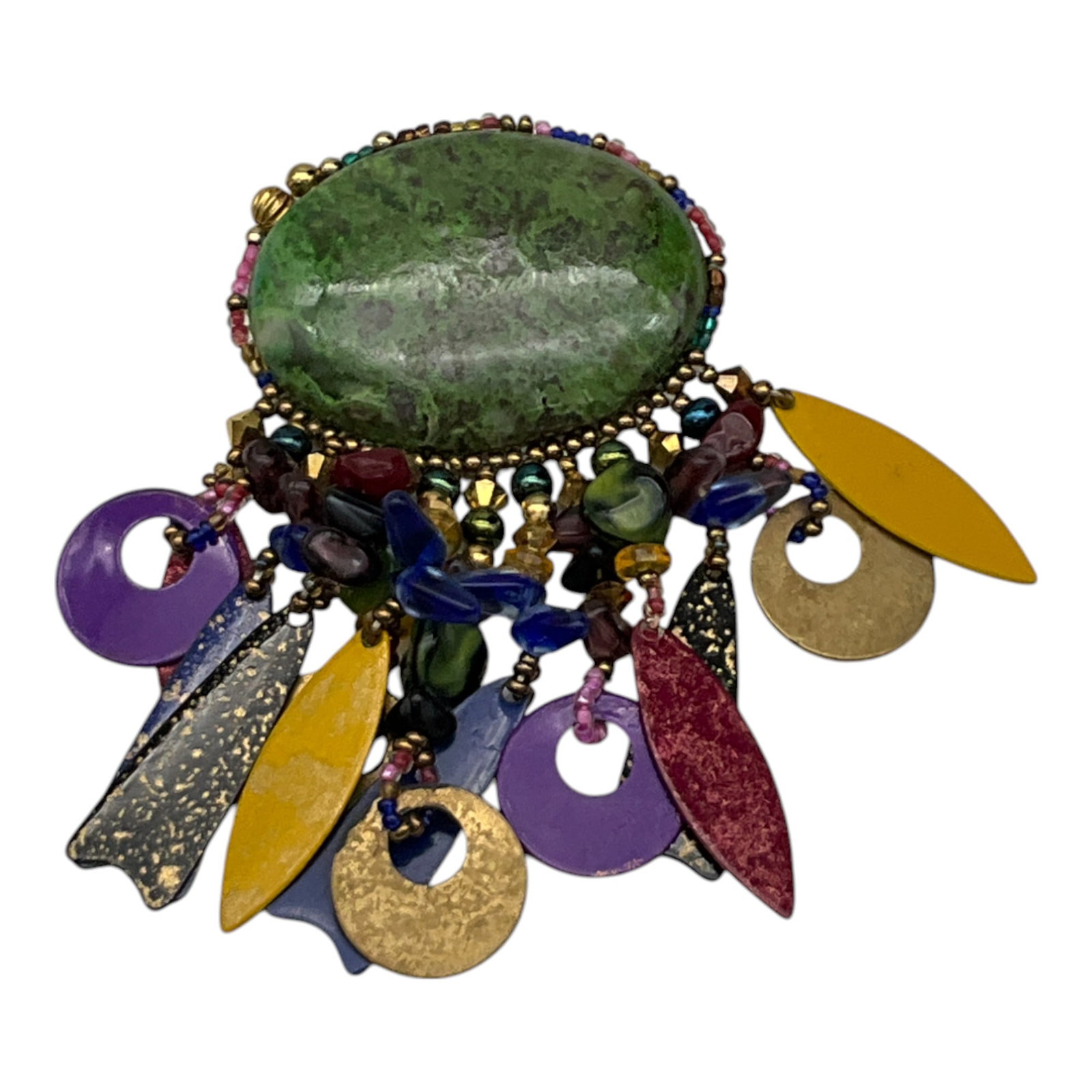 Chipita Semi-precious Stone Dangle Charm Brooch: Chipita Semi-precious Stone Dangle glass, beads, and bronze Charm Brooch. Approx. 3.25 inches tall x 1.75 wide.