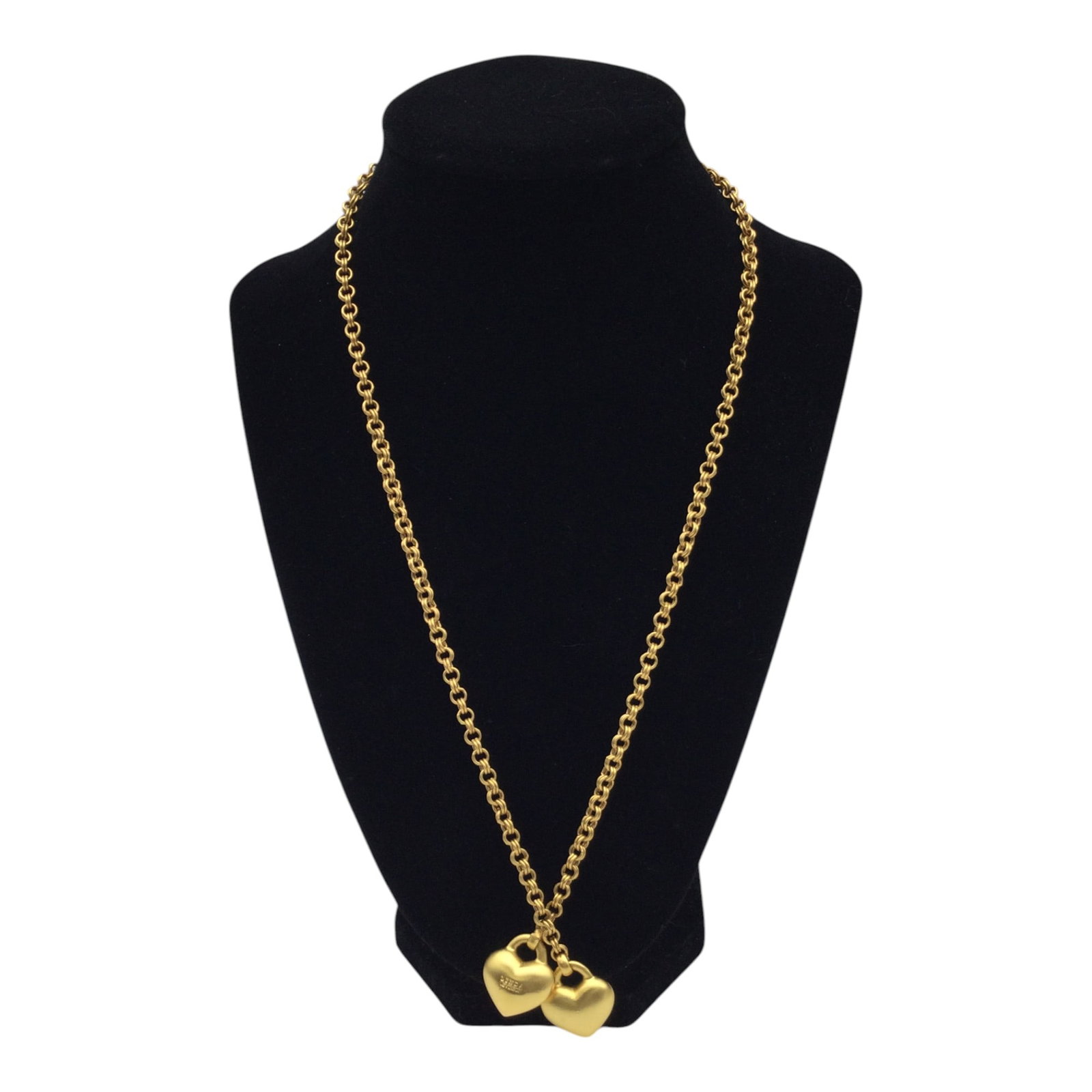 Vintage Linda Levinson Gold Tone Double Hearts Lariat Necklace: Vintage Gold Tone Lariat Style Necklace by Linda Levinson, Signed. Approx. 22 inches end to end. Excellent Pre-owned Condition, Minimal Wear.