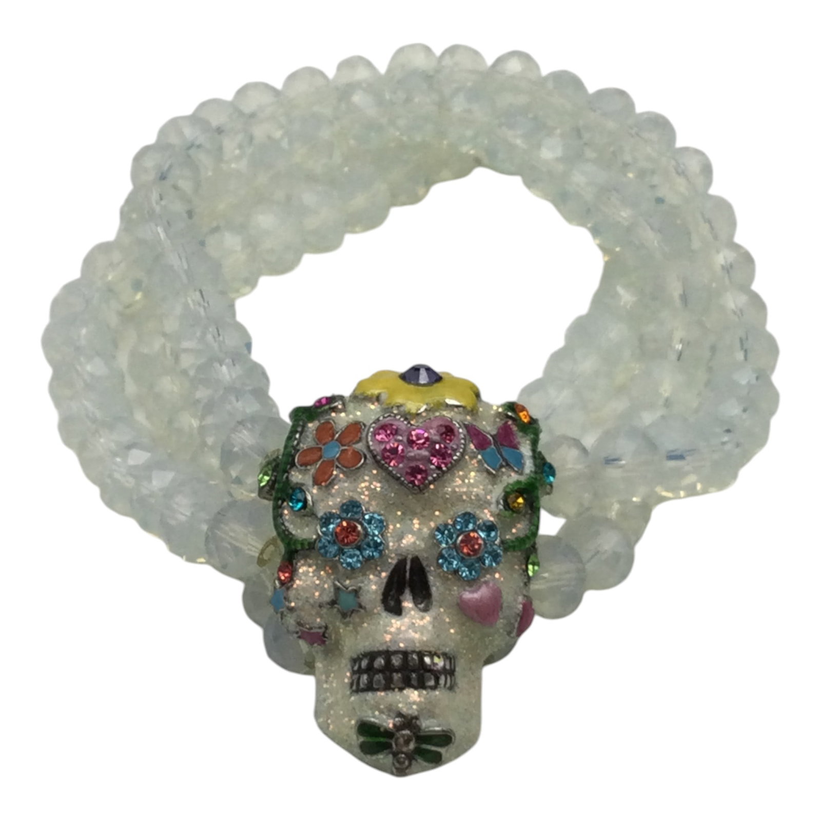 Kirks Folly Enamel Sugar Skull Stretch Bracelet: Kirks Folly Triple Strand Glass Beaded Bracelet with Enamel Sugar Skull, Signed. Approx. 1 inch wide band, Skull 1 5/8 inches x 1 at widest. Excellent pre-owned condition with no Flaws noted.