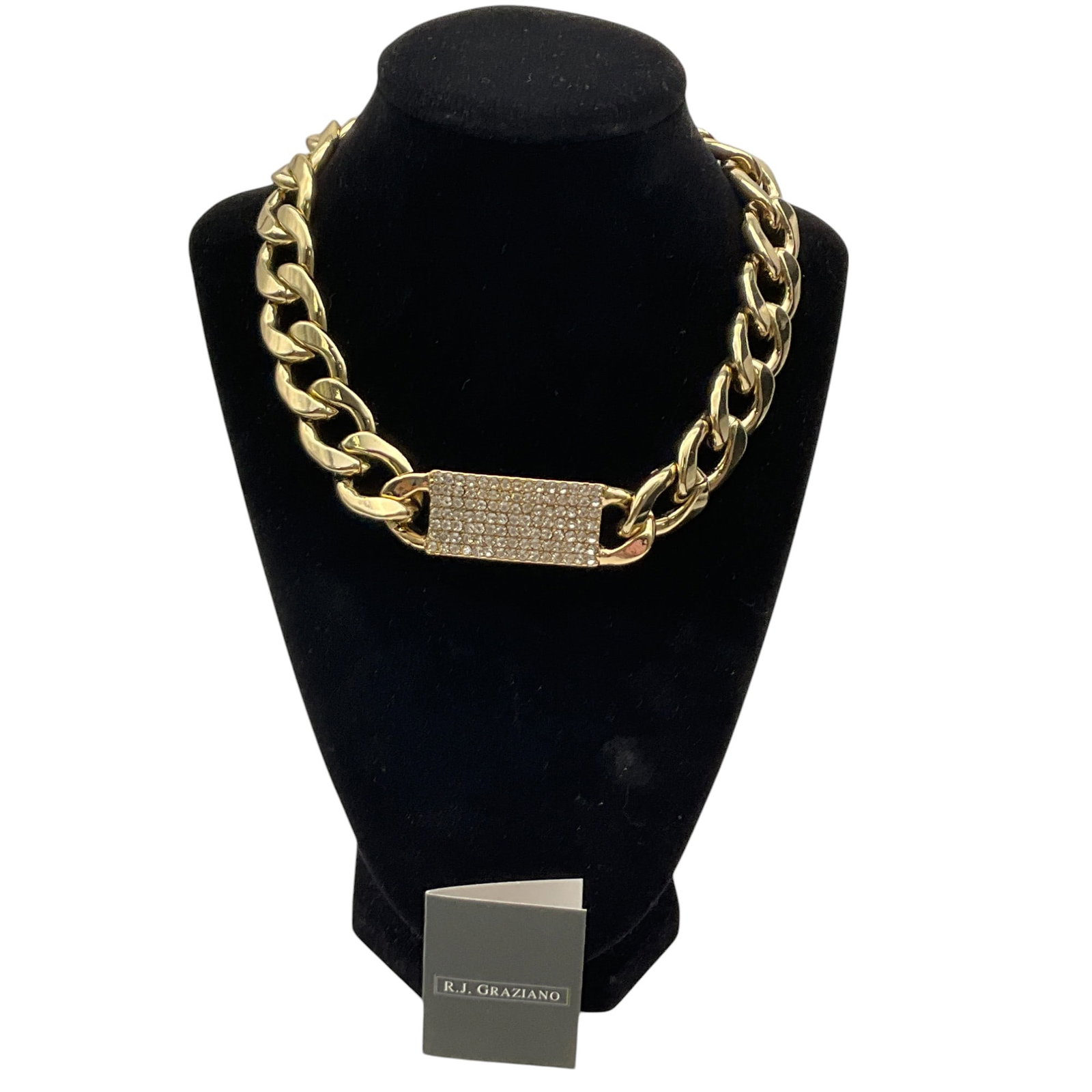 R.J. Graziano Thick Chain Link Choker With Rhinestones: R.J. Graziano Thick Chain link Choker with Rhinestone Accented Fixed Pendant. Approx. 18 inches end to end x 0.75 wide.