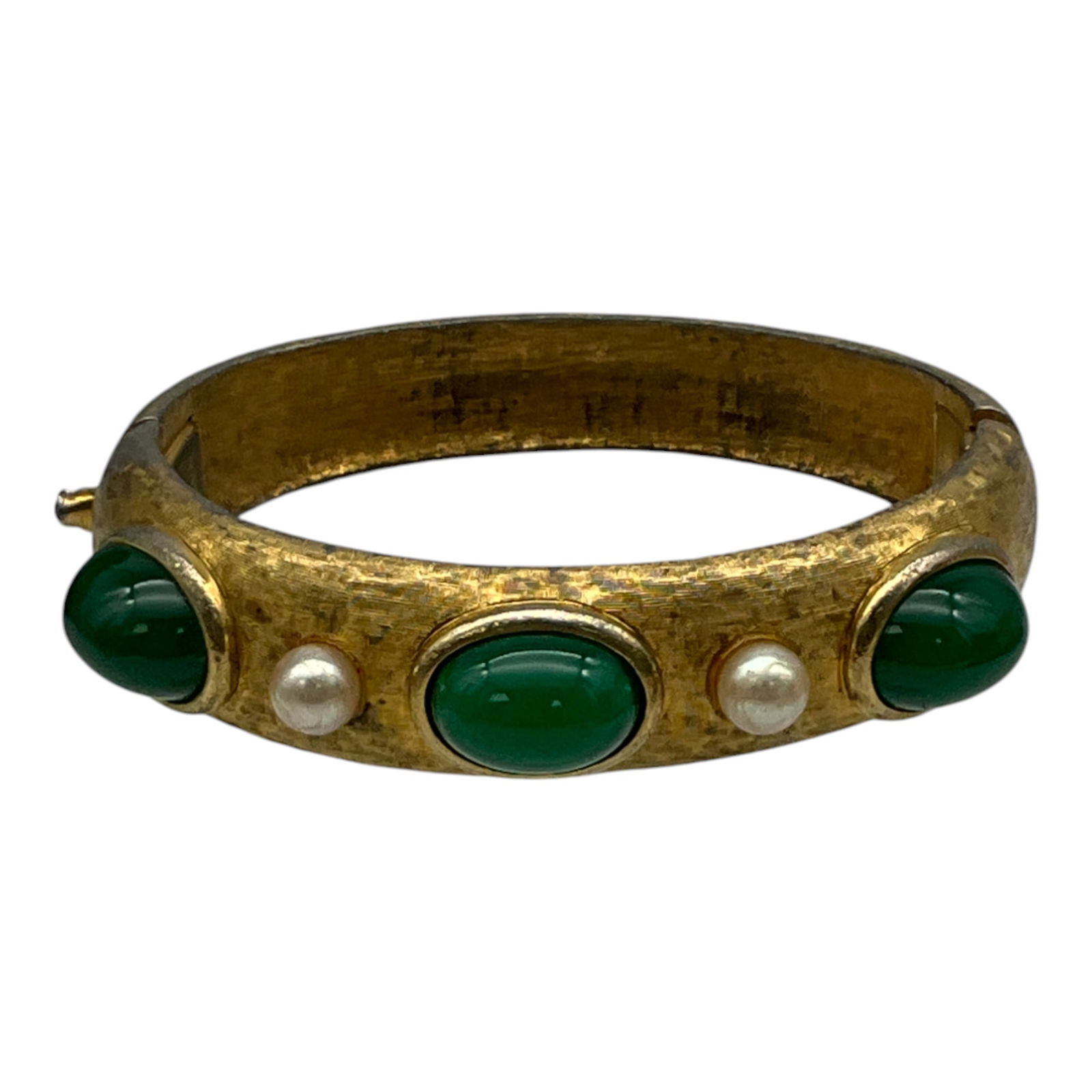 Vintage Gold Tone Jomaz Hinged Bracelet W/Faux Pearls and Jade Cabochons (1 of 4)