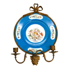 Hand Painted Sevres Plate in Metal Candle Wall Sconce
