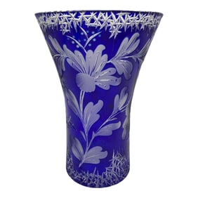 Cobalt Blue Cut to Clear Glass Vase