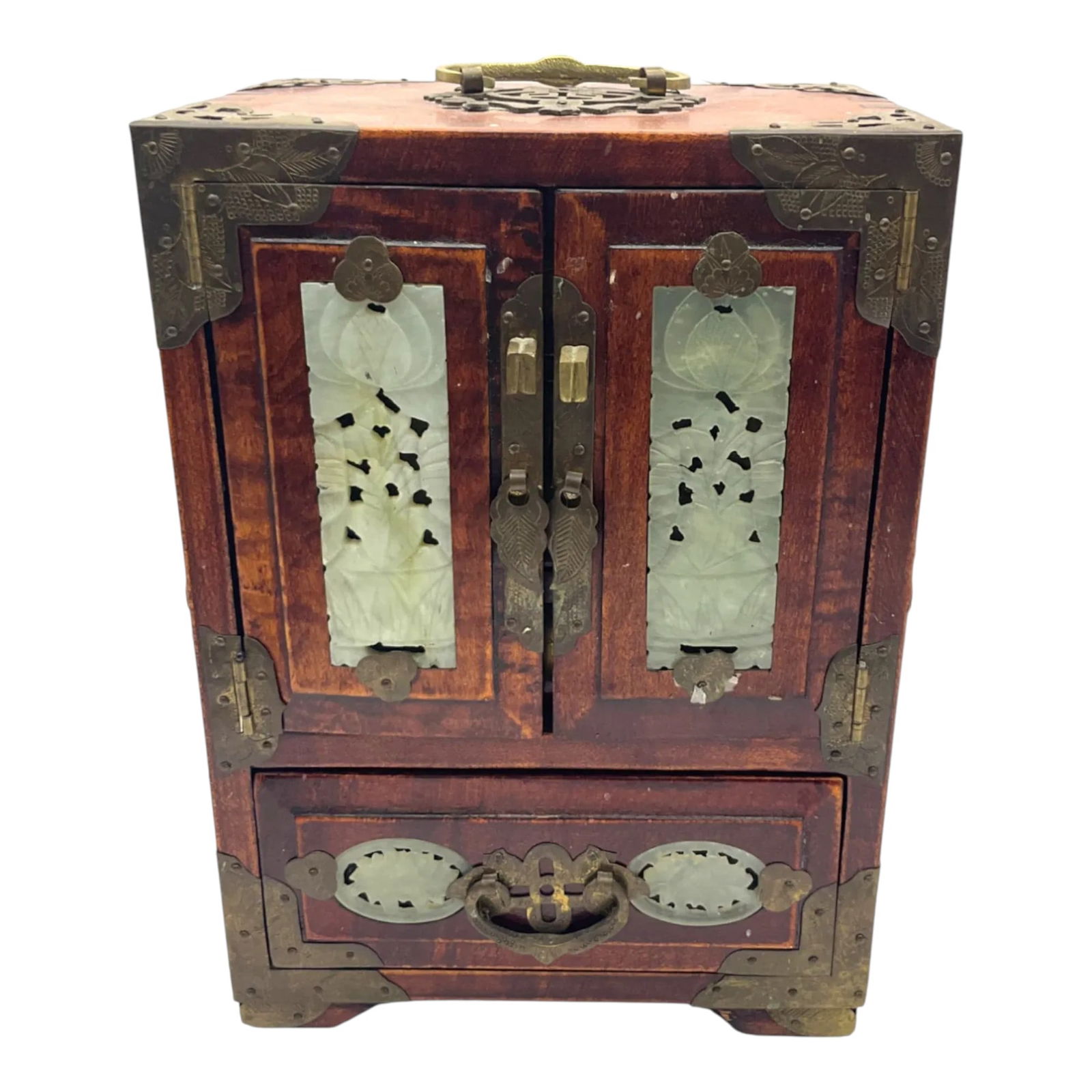 Made in Shanghai China Jewelry Box: Made in Shanghai China Jewelry Box with engraved brass decor and 8 carved jade medallions. Box has 4 compartments. Approx. 9.5 inches tall x 7 wide x 5 deep, 4.7 lbs.