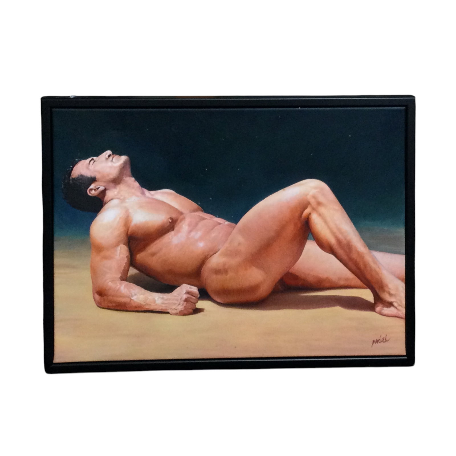 Maciel Cantelmo Signed and Dated Oil on Canvas Nude Male 'Sunny Day': Maciel Cantelmo Signed and Dated 2014 Oil on Canvas Nude Male 'Sunny Day' depicting a nude man laying on the floor eyes closed taking in the sun rays. Approx. 19.5 Inches tall x 25.5 wide x 1.5 dee