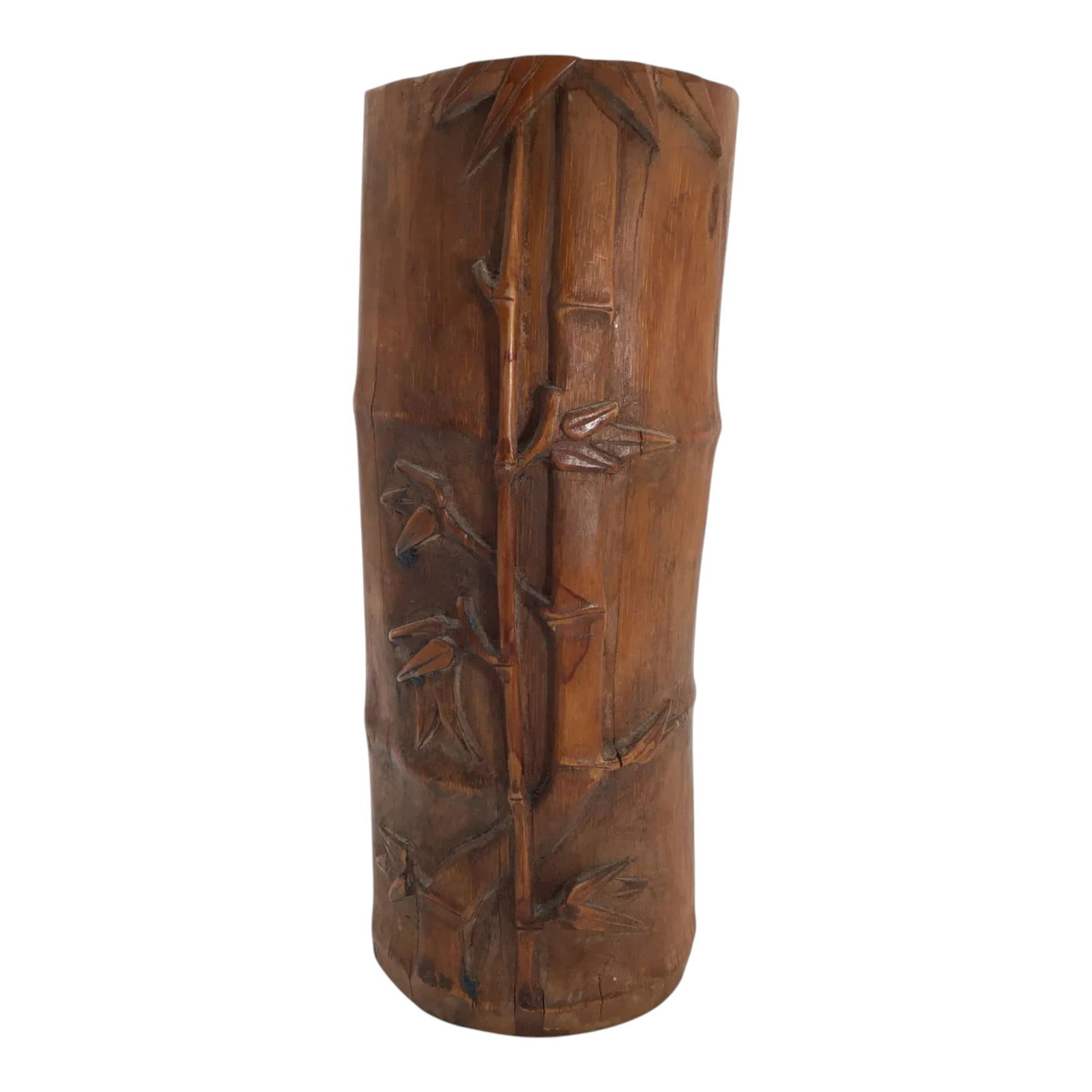 1820's Chinese Wood Carved Brush Pot: Antique Chinese Wood Carved Brush Pot Bamboo Design, written on bottom of piece is 'Brush Pot 1820 Antique'. Approx. L 5 x H 11.5 Inches. Approx. 1.6 lbs.