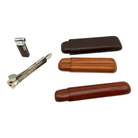 3 Leather Cigar Cases, 1 Cigar Cutter, 1 Lighter
