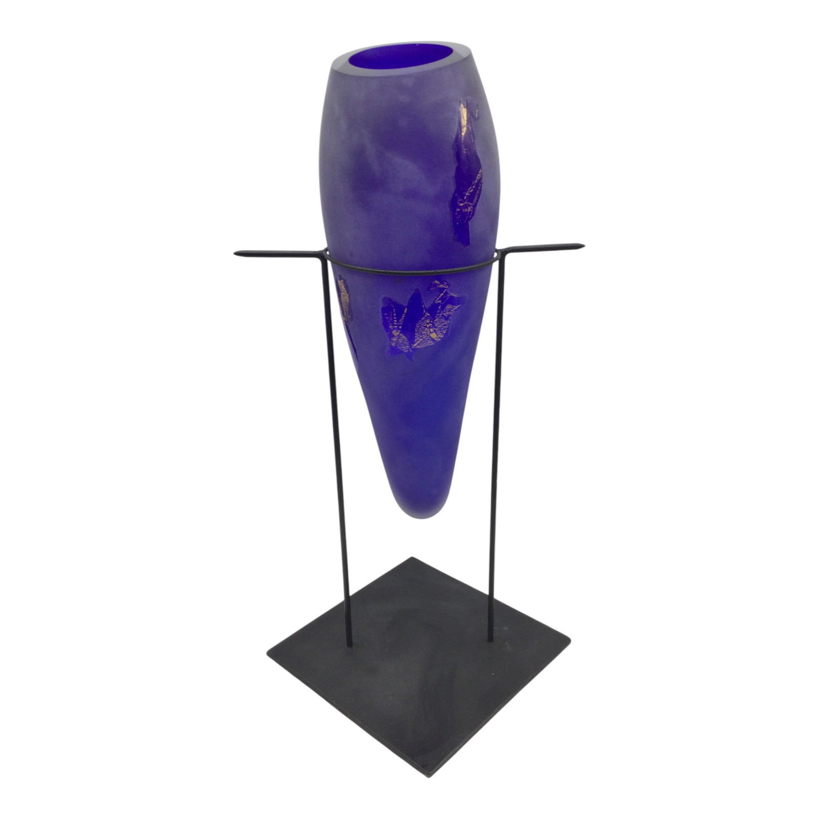 Cobalt Blue Art Glass Vase: Frosted Cobalt Blue Glass vase with abstract gold pattern, metal stand. Approx. 23 inches tall x 12 wide x 13 deep, 14.5 lbs.