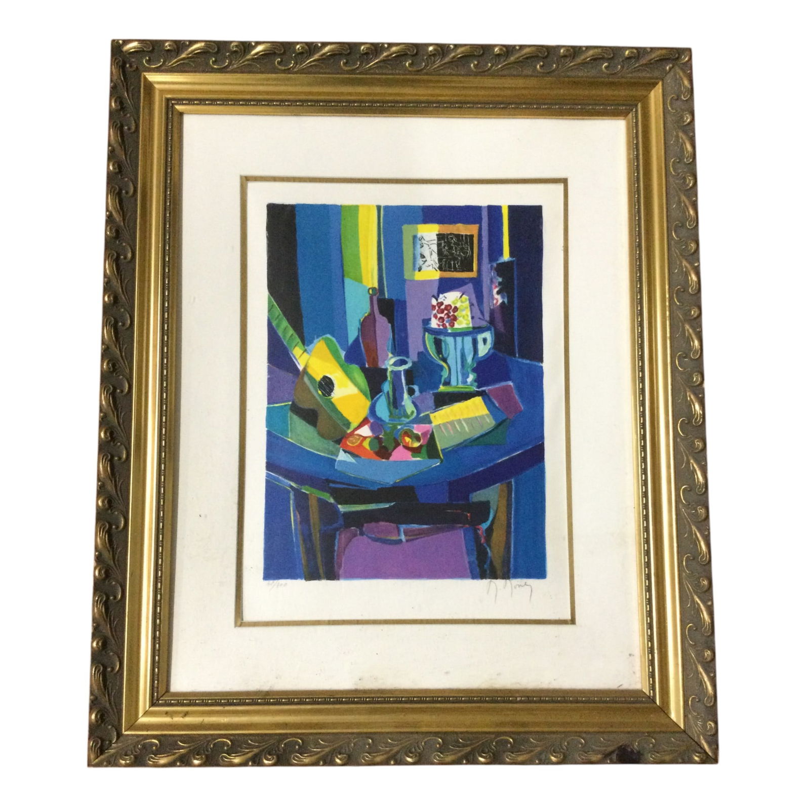 Marcel Mouly (French 1918-2008) LE Lithograph: Marcel Mouly (French 1918-2008) Guitare ET Rasins Lithograph LE 42/200, Pencil Numbered and signed. Approx. Size, Frame 24 Wide x 29.5 inches Tall, art 11.5 w x 17 inches Tall.