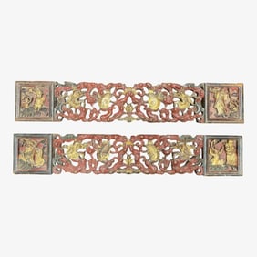 Pair Antique Chinese Carved Wood and Lacquer Panels