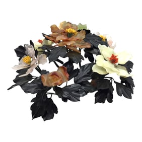 Chinese Hand Carved Jade, Rose Quartz, Carnelian Floral Centerpiece