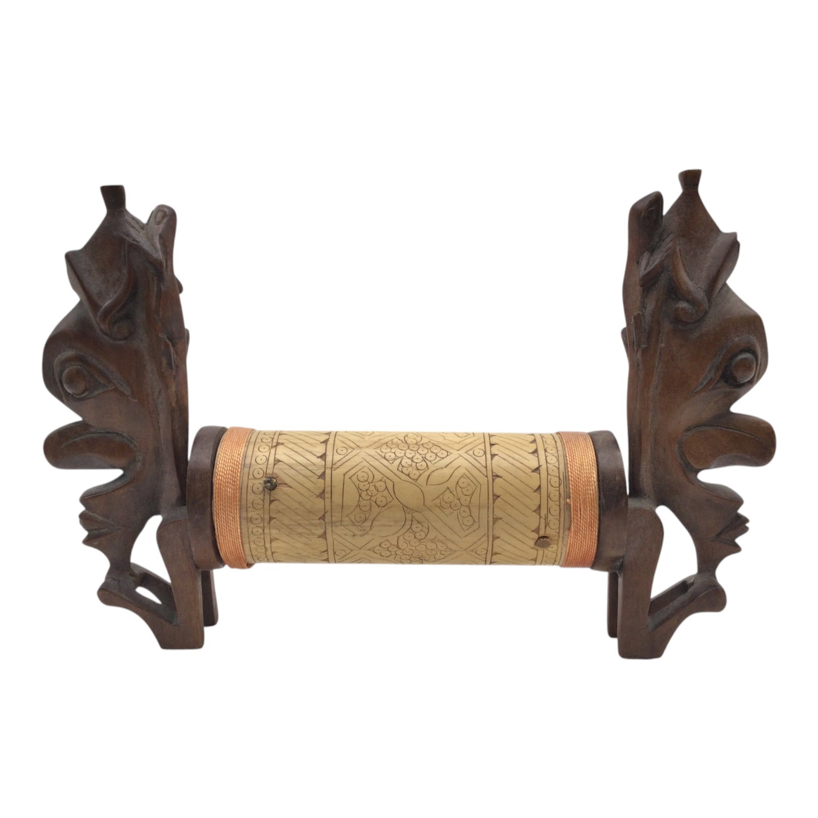 Indonesian Wood and Bamboo Carved Art: Indonesian Wood carved ends and Bamboo Carved tube Art. Approx. 6.25 inches tall x 9/5 wide x 2.5 deep, 7.3 oz.