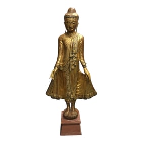 Gold Gilt Carved Wood Jeweled Buddha Statue