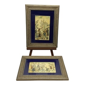 Pair M.OMUMI Signed Persian Hand Painted Plaques on Bone.