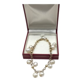10K Yellow Gold Drop Dangle Freshwater Pearls Bracelet