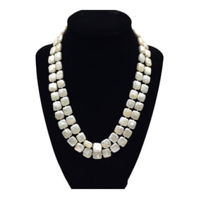 Silver Closure Double Strand Necklace of Square Biwa Freshwater Pearls