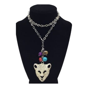 Vintage 925 Necklace With Leopard Pendant and Gemstone Beads