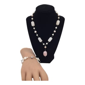925 Pink Quartz & Pearls Necklace and Bracelet Set