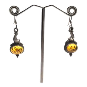 Vintage 925 Amber Cabochon Earrings