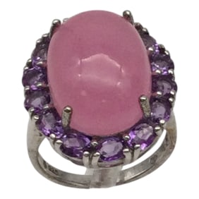 925 Signed Pink Rose Quartz and Amethyst Ring Sz. 7