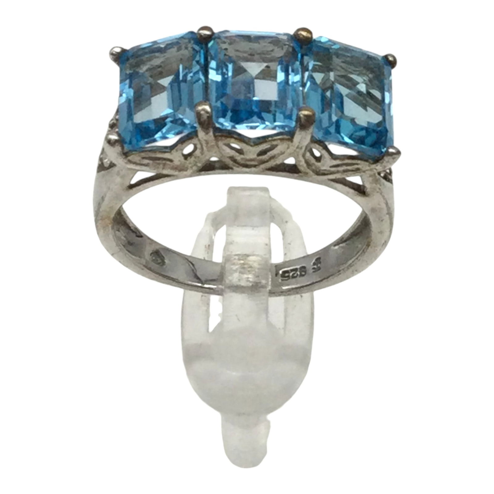 Vintage JC Signed Blue Topaz and CZ Ring Sz. 7: Vintage JC Signed Blue Topaz and CZ Ring Sz. 7. Approx. 5/16 inch tall x 0.75 wide, 0.2 oz.